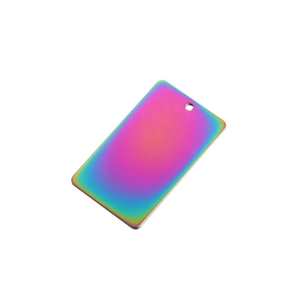 Detail of a rectangular rainbow gradient titanium steel pendant with smooth mirror finish