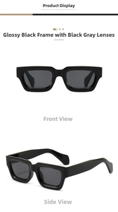 Front and side views of chunky black square sunglasses with dark grey UV lenses