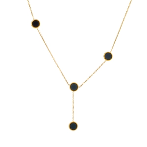 Collier élégant en forme de Y doré avec pendentifs ronds noirs et texture perlée