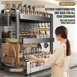 Three-tier black stainless steel kitchen spice rack with knife holder and cutting board stand