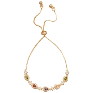 Elegant gold bracelet featuring colorful teardrop-shaped gemstones and micro-pave crystals