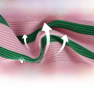 Close-up of pink and green ribbed knit cotton fabric showing texture and softness