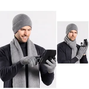 Winter 3-piece set with knitted hat, scarf, and touchscreen gloves in light grey