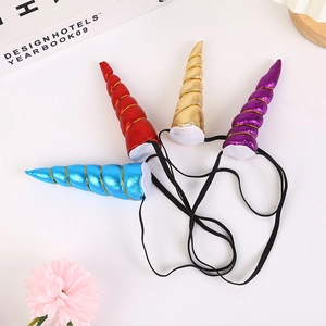 Unicorn horn headbands in red, gold, purple, and blue colors with elastic bands