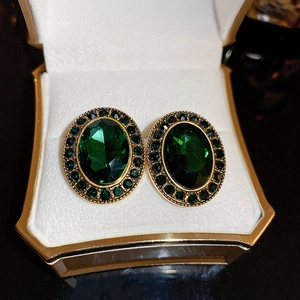 Boucles Oreilles Puces Ovales Vintage Français Émeraude Strass Avec Tige En Argent Bijoux Géométriques Élégants Femmes