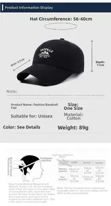 Size chart and measurement guide for washed cotton baseball cap showing dimensions