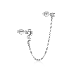 Close-up of S925 silver chain link earring with a snake stud and zircon stone detail