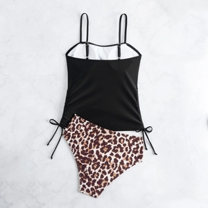 Haut de tankini noir à cordon réglable et bas de bikini taille haute avec imprimé léopard
