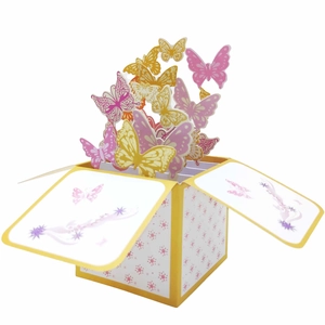 3D butterfly pop-up surprise box card with colorful paper butterflies and floral patterns