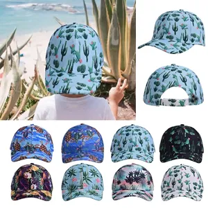 Adjustable baseball caps with tropical prints featuring cactus and palm tree patterns