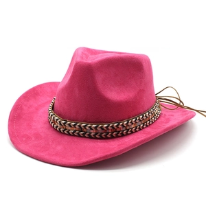 Detail of rose red suede cowboy hat featuring ethnic woven band and side profile view