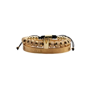 Gold-plated crown bead bracelet and Roman numeral cuff bangle jewelry set for men and women