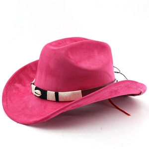 Close-up of rose red cowboy hat with woven band and decorative white seashells