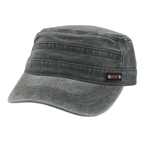 Washed cotton military flat top cap in dark grey with sport leather patch detail