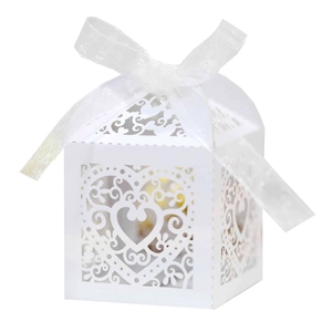 White laser cut heart pattern wedding favor candy box with organza ribbon decoration