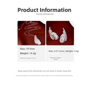 Detailed size specifications for feather jewelry set with copper and zircon stones