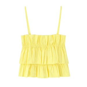 Gelbes Damen Sommer Volant Camisole Spaghetti Träger Crop Top Gesmokt Elastisch Einfarbig Urlaub Süßes Popeline