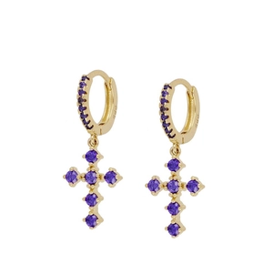 Elegant gold S925 silver hoop earrings with cross pendant and purple zircon stones