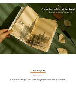 Close-up of vintage A5 notebook with European cathedral sketches on premium paper