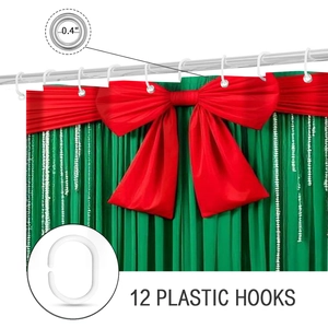 Christmas 3D shower curtain in green with red bow and 12 plastic hooks for bathroom