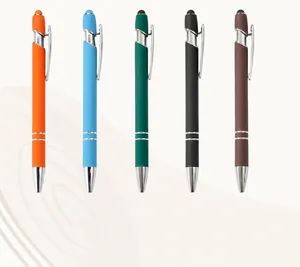 Detail of multi-color stylus ballpoint pens with metallic finish and capacitive tips