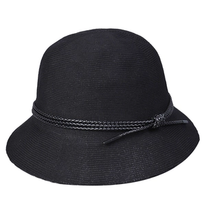 Elegant black fine knit sun hat for women featuring a textured weave and decorative cord