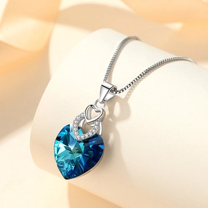 Blue heart crystal necklace in S925 sterling silver with sparkling pavé cubic zirconia