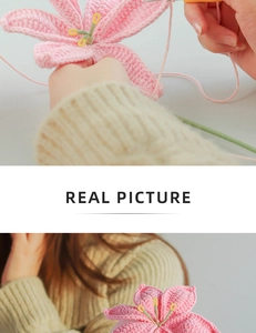 Close-up of handmade crochet pink lily flower with detailed yarn petals and yellow stamens