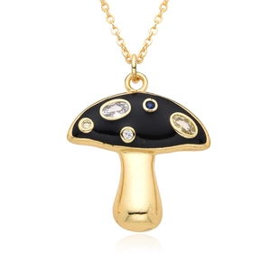 Golden mushroom pendant necklace with black enamel and colorful sparkling crystals