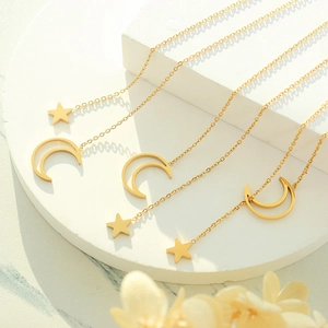 Star And Moon Pendant Necklace Titanium Steel 18K Gold Plated Y-Shaped Lariat Minimalist Trendy Jewelry For Women