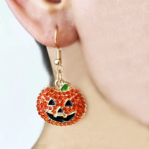 Halloween pumpkin earrings with sparkling orange rhinestones and gold metal hooks