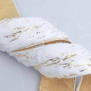 White plush ribbon with gold foil marbling and satin edges for Christmas DIY crafts