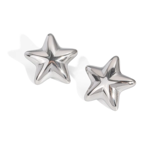 Close-up of polished silver star stud earrings with a 3D metallic lustrous finish