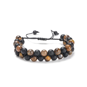 Double-layered braided tiger eye and lava stone adjustable bracelet for men