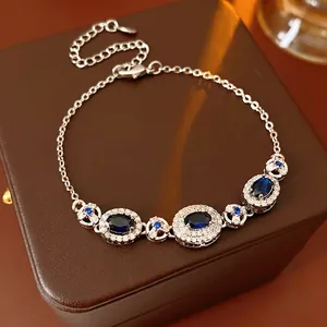 Vintage Oval Blue Zircon Bracelet For Women Luxury Silver Tone Copper Palace Style Adjustable Jewelry