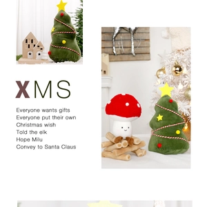 Detailed view of plush Christmas mushroom and tree ornaments in a cozy home setting