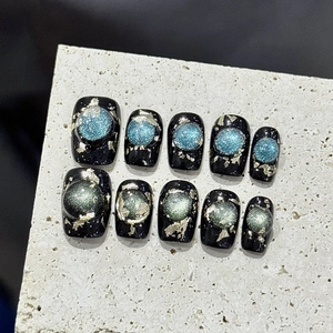 Handmade Press On Nails Short Square Black Gold Foil 3D Cat Eye Galaxy Design Reusable False Nails