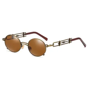 Steampunk round metal sunglasses with mechanical chain temples and brown lenses