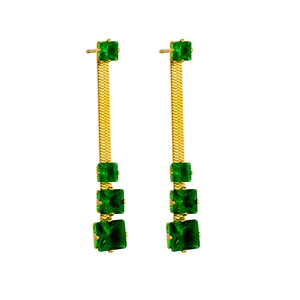 Vintage gold snake chain earrings with square green emerald crystals for women