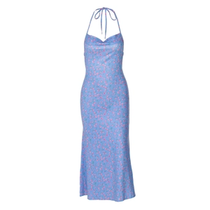 Detail of blue floral print on silky satin fabric of a halter neck midi dress