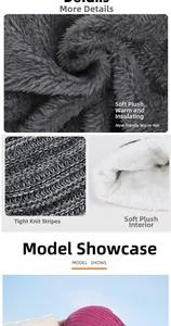 Detail view of winter knitted beanie with thick plush lining for thermal insulation