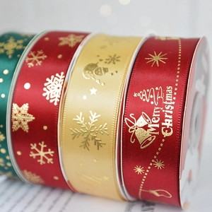 Polyester satin Christmas ribbons with gold foil Merry Christmas and snowflake patterns