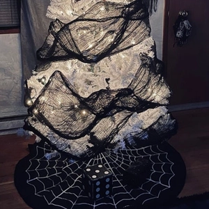 Halloween Christmas tree skirt with white spider web pattern and black mesh net decoration