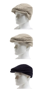 Detail of cable knit texture and ribbed brim on men's warm thermal winter flat cap