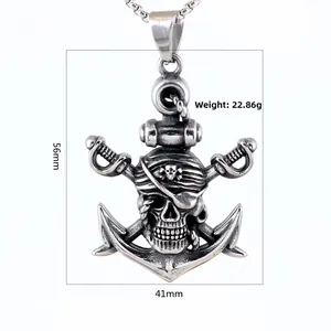 Detailed pirate skull pendant dimensions with anchor and swords on white background