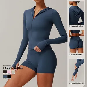 Three-piece yoga set with hooded zipper jacket and high waist lifting shorts in navy blue
