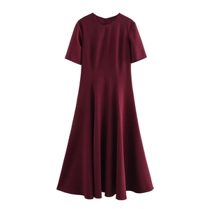 Short sleeve A-line midi dress in burgundy with a cinched waist and wide flared hem