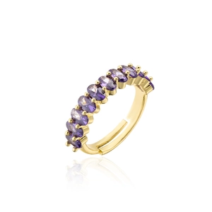 Detailed view of an adjustable gold ring set with eleven purple oval zircon crystals