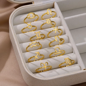 Stainless Steel Gold Adjustable Rings Zodiac Signs Symbol Minimalist Fashion Jewelry For Women Men