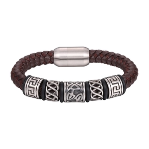 Bracelet tressé en cuir marron pour homme avec perles argentées et fermoir magnétique